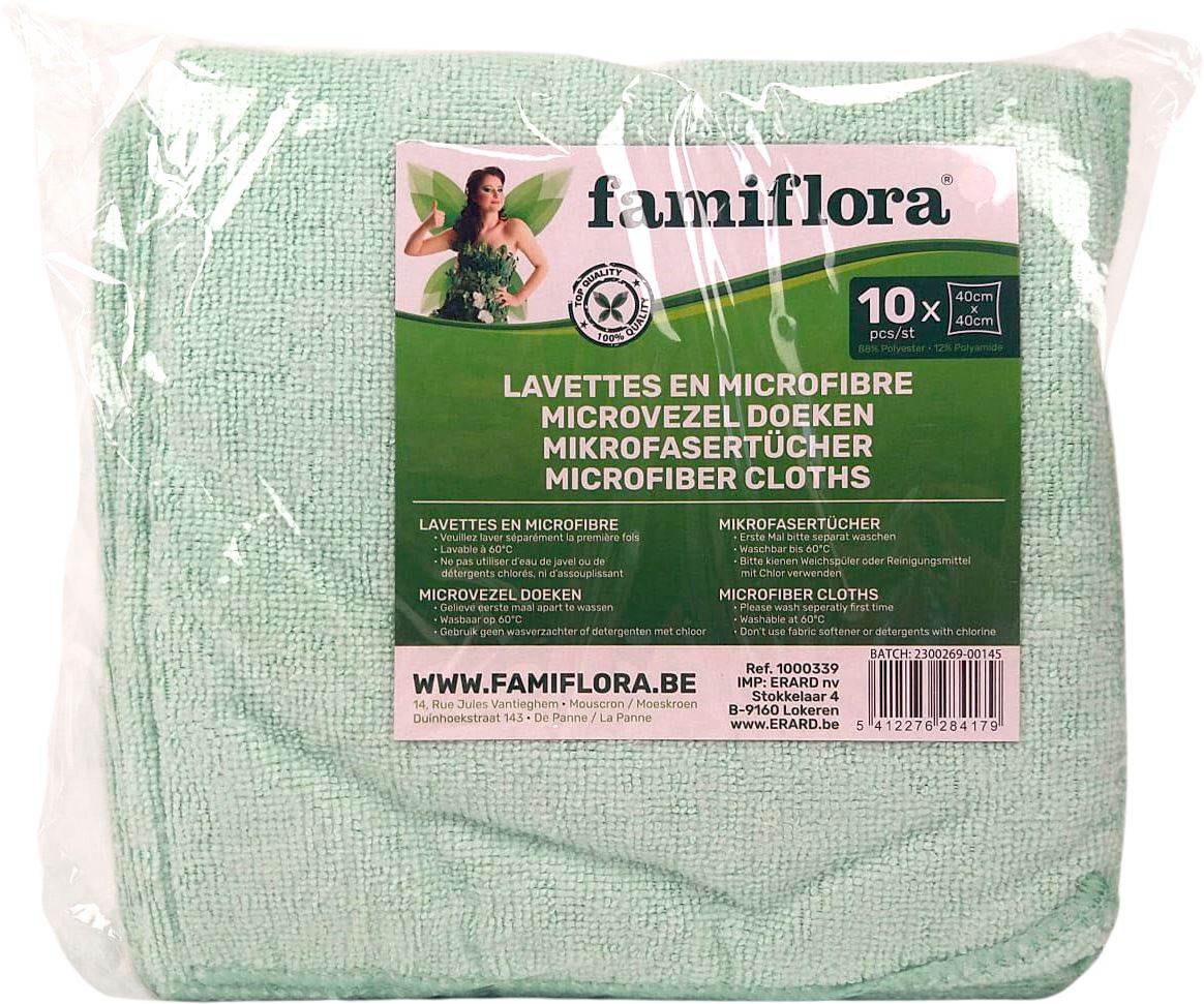 Famiflora groene microvezel warp doekjes - 40x40cm - 250g/m² - 10 all purpose microvezel doeken - Set van 10 schoonmaakdoekjes afbeelding