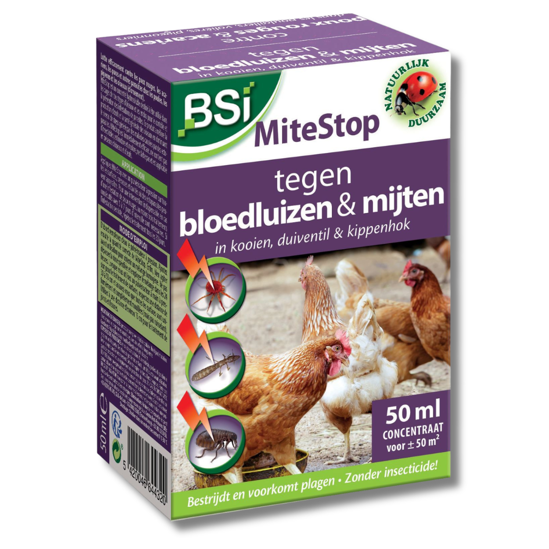 BSI Mitestop 50ml Concentraat - Bestrijding van rode bloedluizen/mijten/etc bij kippen, duiven en vogels