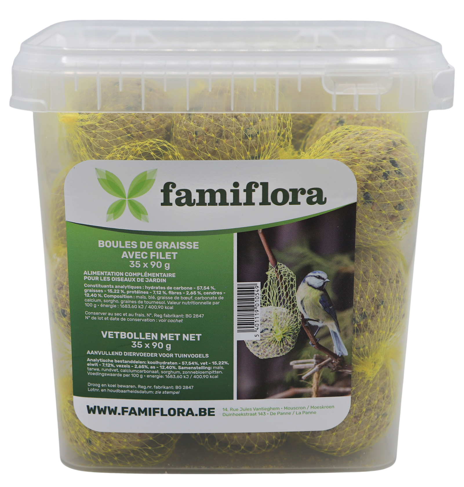 Famiflora set van 35 mezenbollen met netje - 35 x 90g - in emmer afbeelding