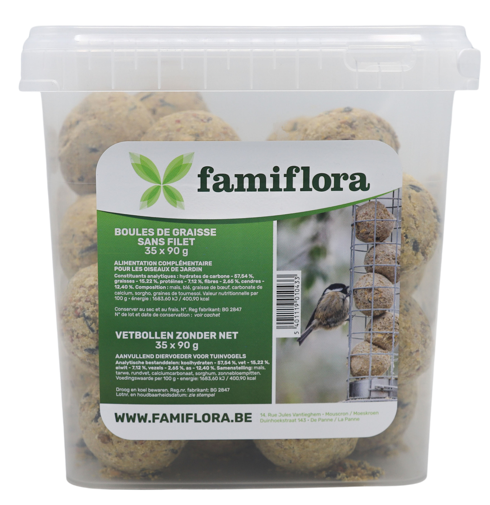 Famiflora set van 35 mezenbollen zonder netje - 35 x 90g - in emmer afbeelding
