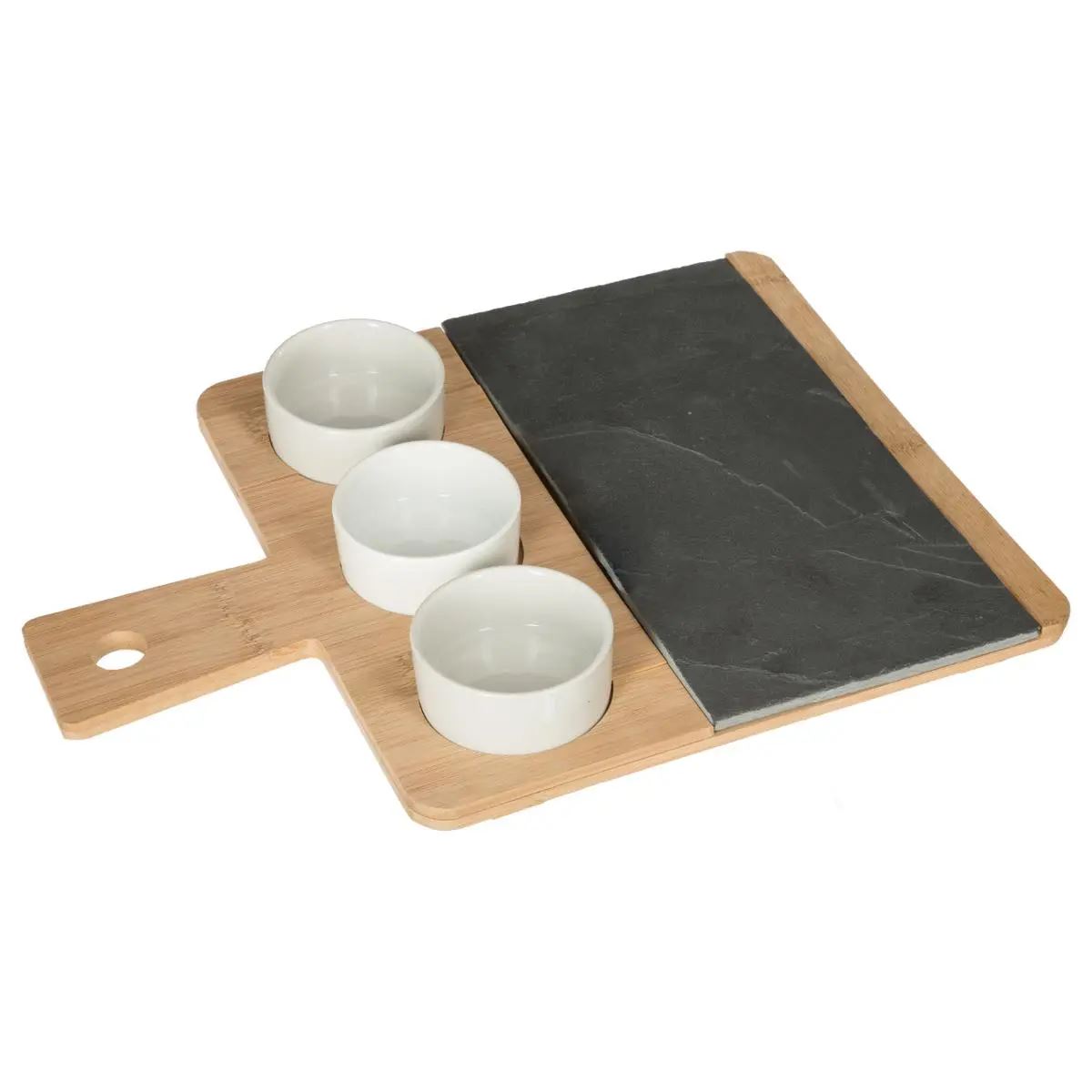 Secret de Gourmet 4-delige aperitiefset van leisteen en bamboe - 36 x 26 x H5 cm - Inclusief 3 schaaltjes en serveerplank afbeelding
