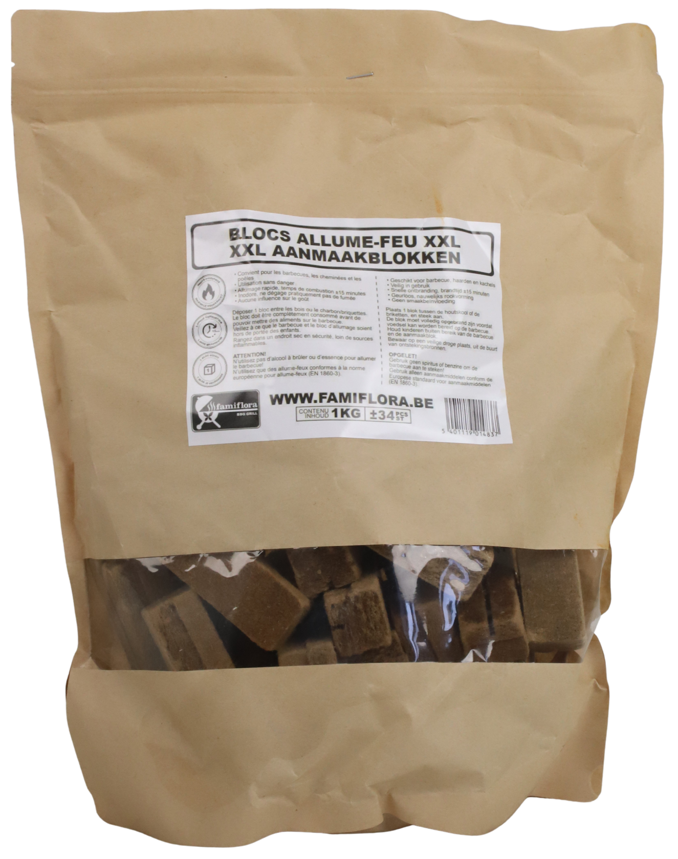 Famiflora Aanmaakblokjes Bruin XXL 1 kg (34 st) - Extra groot - Langdurige vlam afbeelding