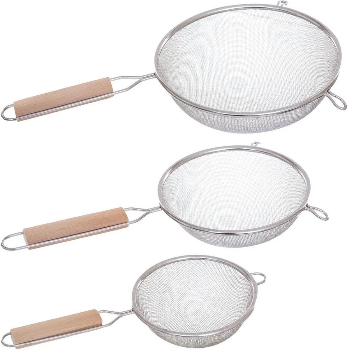 5Five Keukenzeef Set 3 stuks - Inox met houten handvat - Klein, Middel, Groot afbeelding