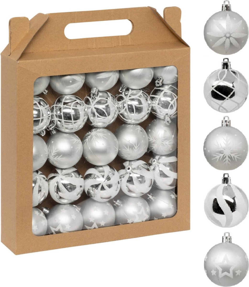 Feeric Christmas Kerstballen– 25 stuks – 6 cm – Zilver/Wit – Kunststof – Mix van glans en glitter afbeelding