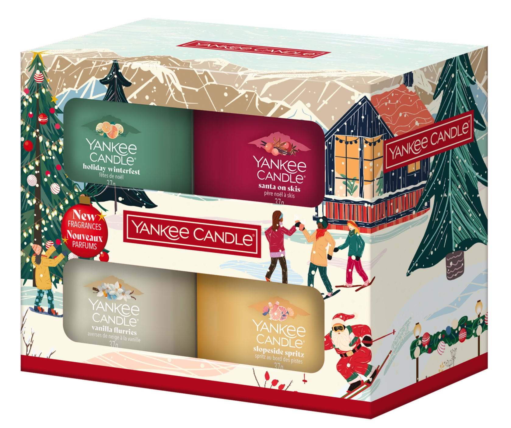 Yankee Candle Apres Ski Christmas Classics - 4 Filled Votive Gift Set - Holiday Winterfest + Santa on Skis + Vanilla Flurries + Slopeside Spritz - 4x37g afbeelding