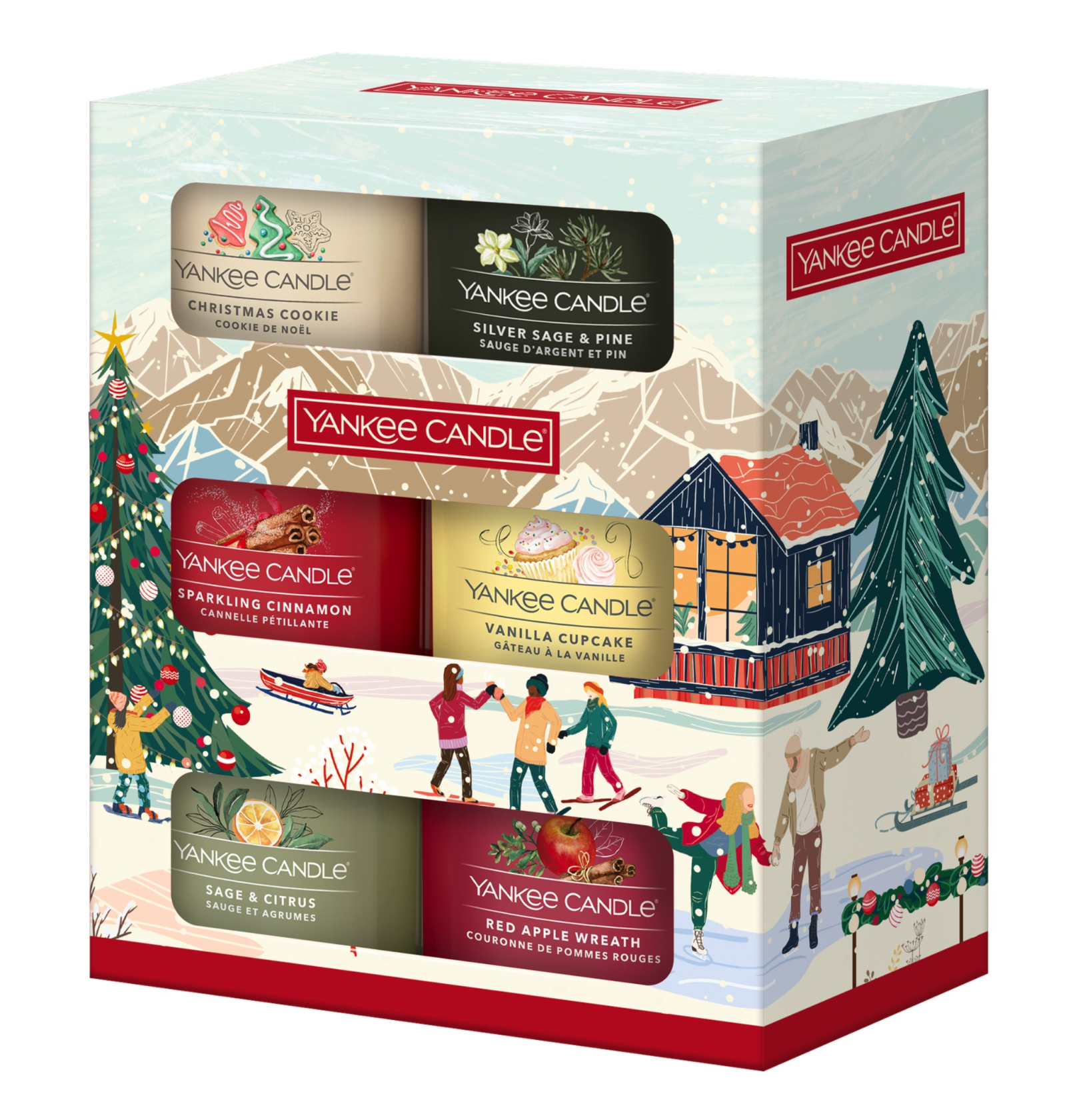 Yankee Candle Apres Ski Christmas Classics - 6 Filled Votive Gift Set - Silver Sage&Pine + Christmas Cookie + Sparkling Cinnamon + Vanilla Cupcake + Sage&Citrus + Red Apple Wreath - 6x37g afbeelding
