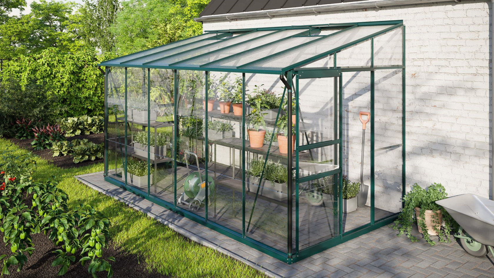Vitavia Ida muurserre 7,8m² met veiligheidsglas - Donkergroen - Met dubbele schuifdeur (B120 cm) en fundering