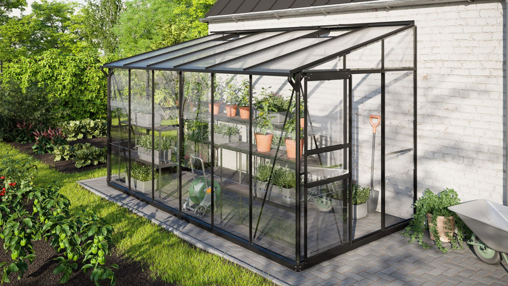 Vitavia Ida muurserre 7,8m² met veiligheidsglas - Zwart - Met dubbele schuifdeur (B120 cm) en fundering