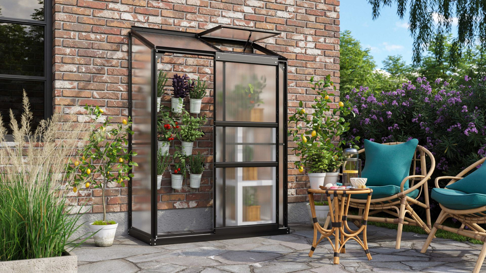 Vitavia Ida muurserre - 0,9m² - met 4 mm polycarbonaat - Zwart