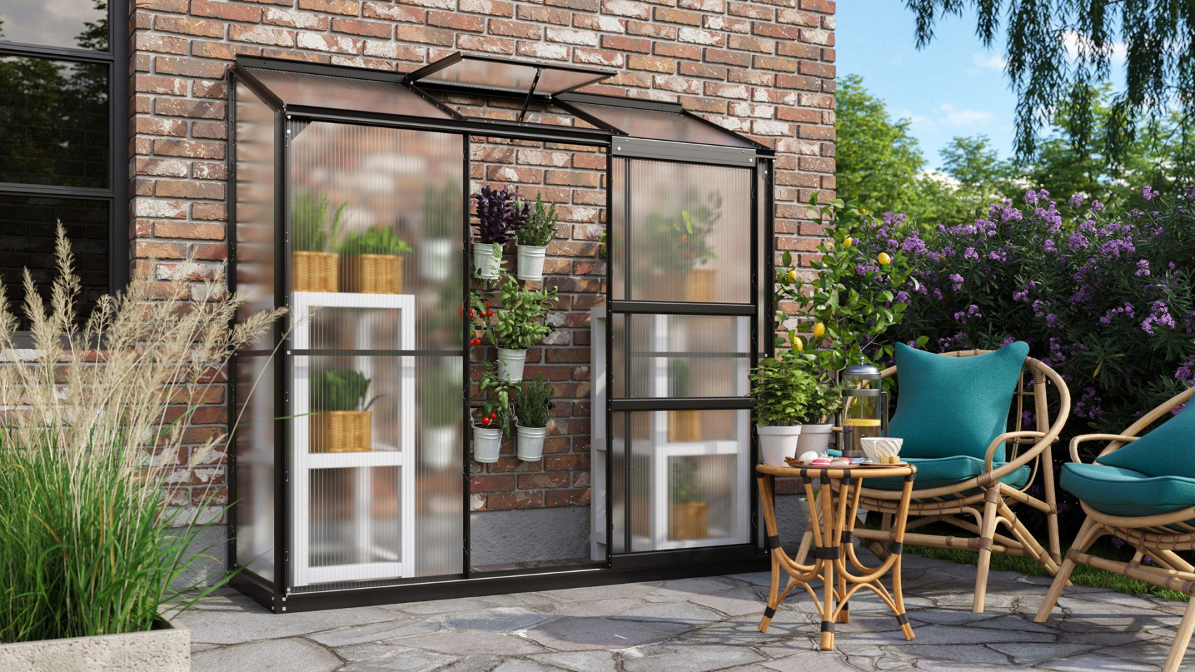 Vitavia Ida muurserre - 1,3m² - met 4 mm polycarbonaat - Zwart