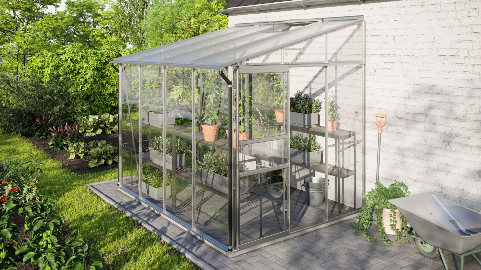 Vitavia Ida muurserre 5,2m² met veiligheidsglas - Aluminium - Met dubbele schuifdeur (B120 cm) en fundering