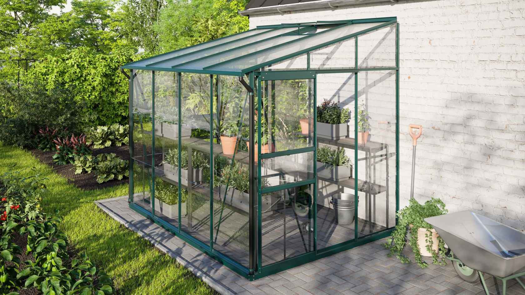 Vitavia Ida muurserre 5,2m² met veiligheidsglas - Donkergroen - Met dubbele schuifdeur (B120 cm) en fundering