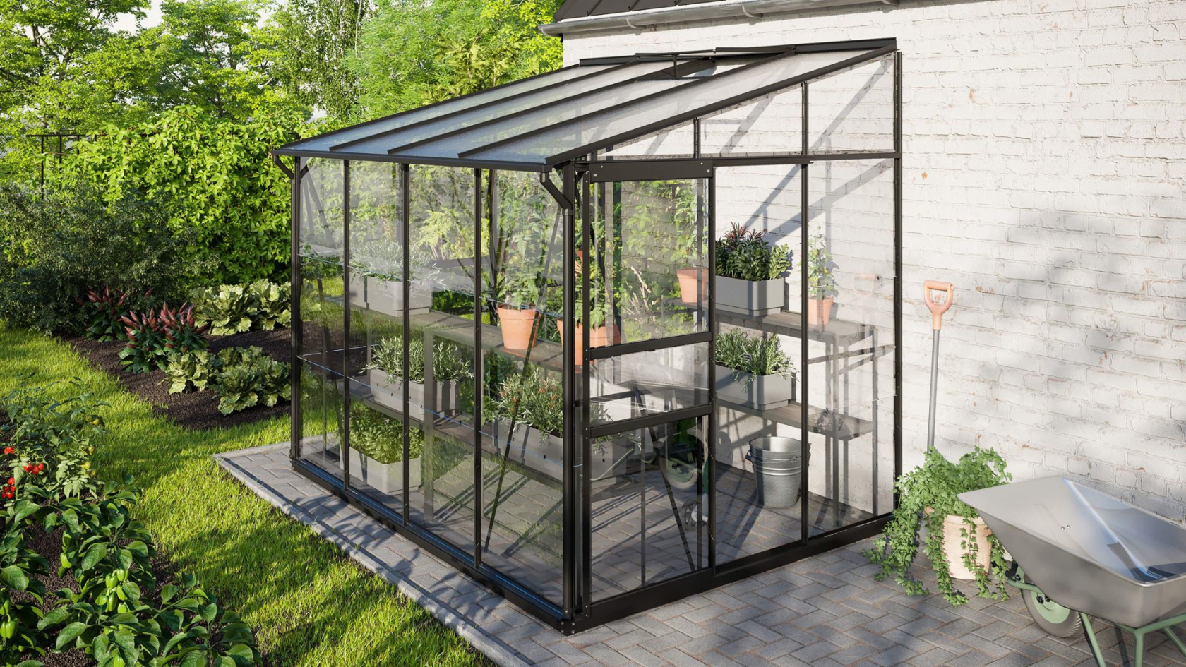 Vitavia Ida muurserre 5,2m² met veiligheidsglas - Zwart - Met dubbele schuifdeur (B120 cm) en fundering