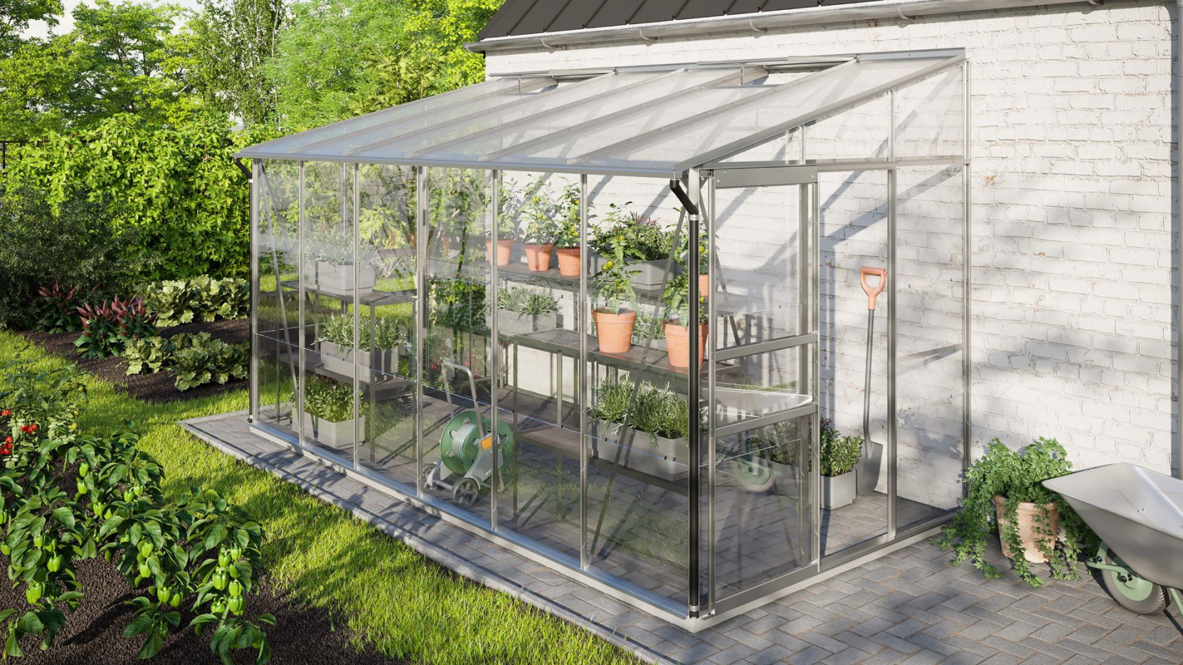 Vitavia Ida muurserre 7,8m² met veiligheidsglas - Aluminium - Met dubbele schuifdeur (B120 cm) en fundering