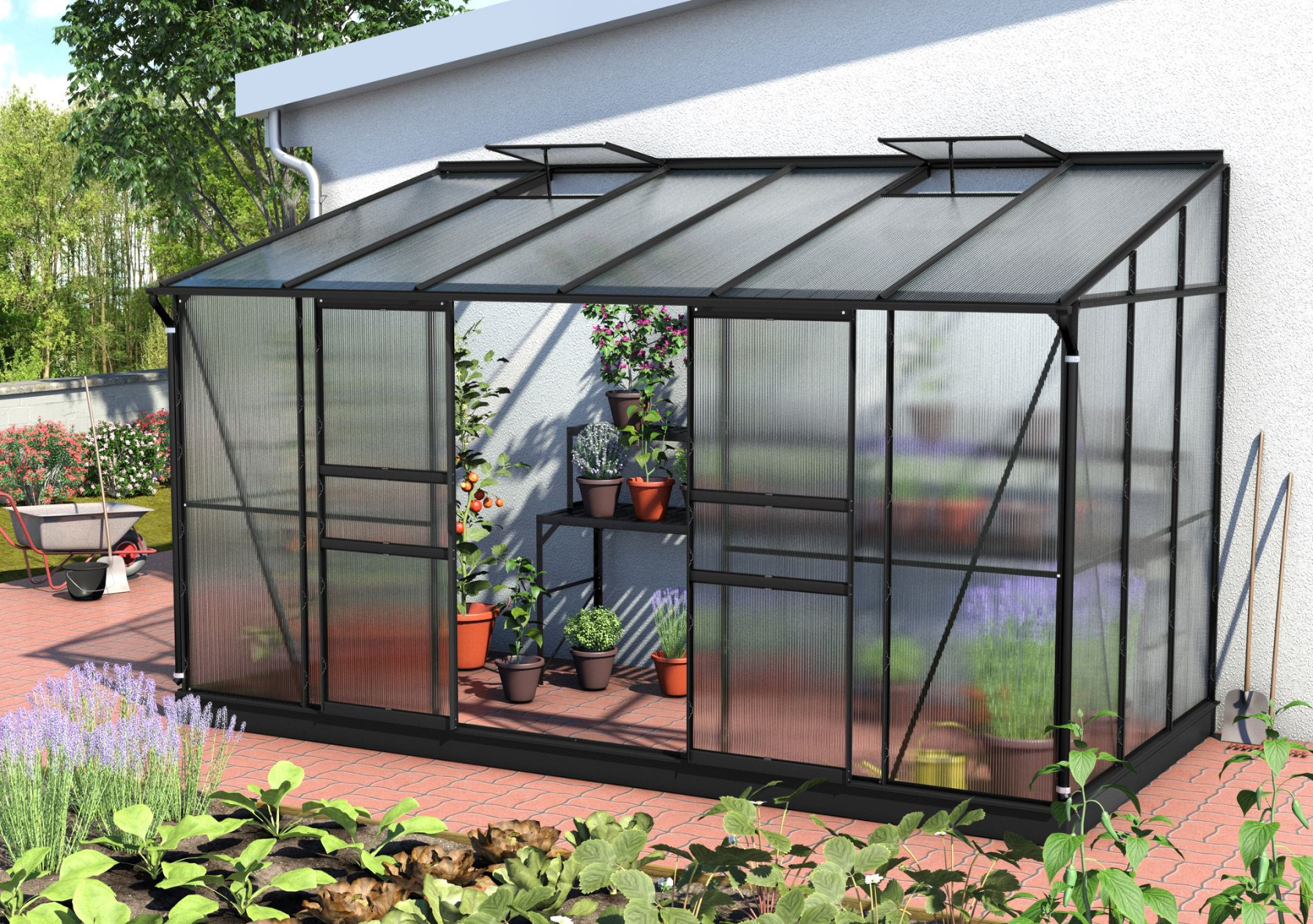Vitavia Ida muurserre - 7,8m² - met 4 mm polycarbonaat - Zwart