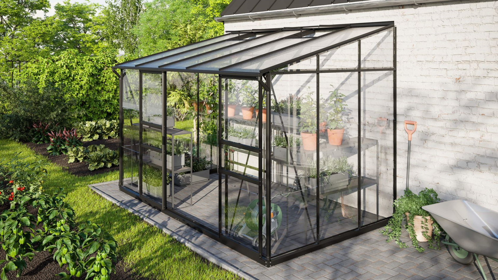 Vitavia Ida muurserre 6,5m² met veiligheidsglas - Zwart - Met dubbele schuifdeur (B120 cm) en fundering