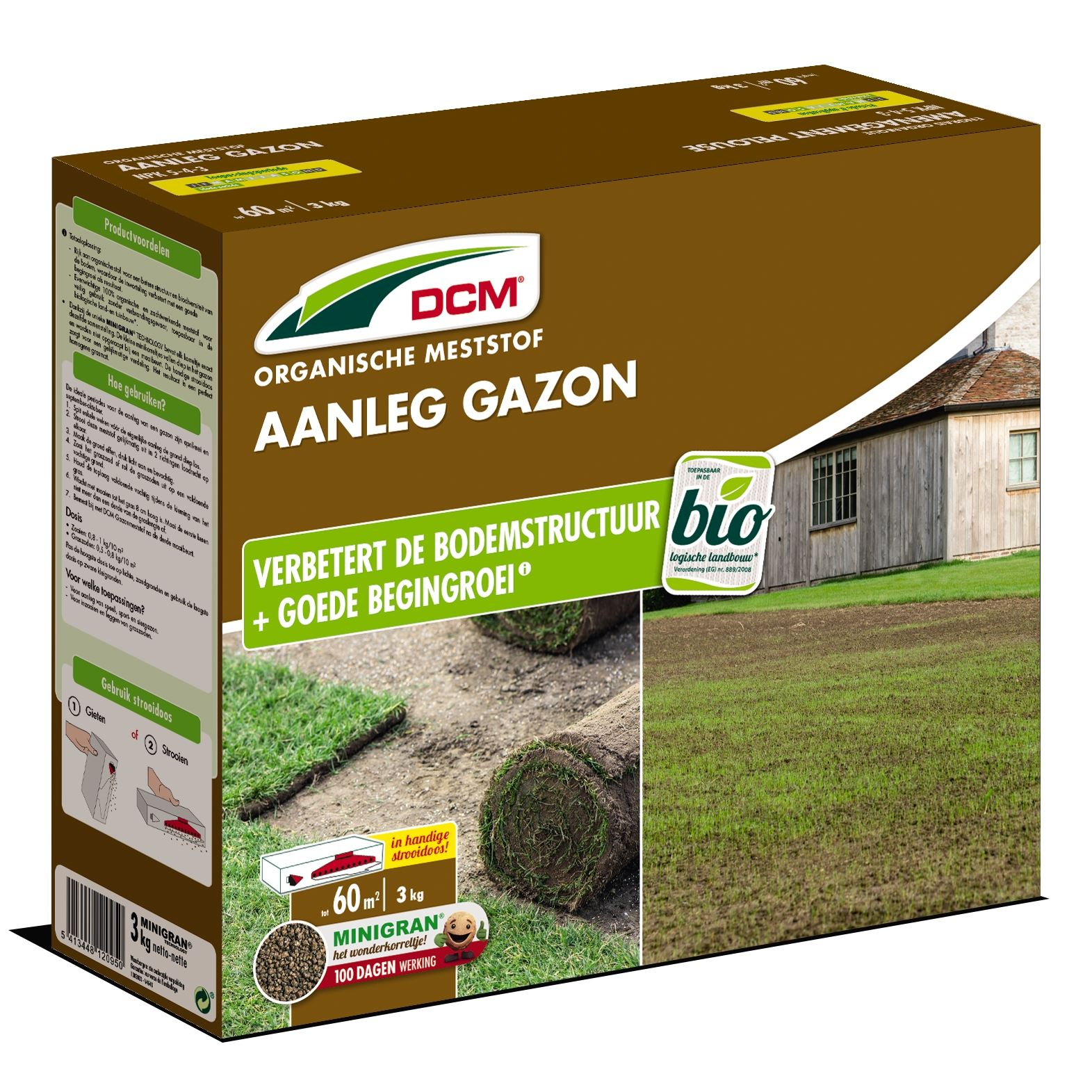 DCM gazonmeststof & bodemverbeteraar 3 kg voor 60m² - 'aanleg gazon'
