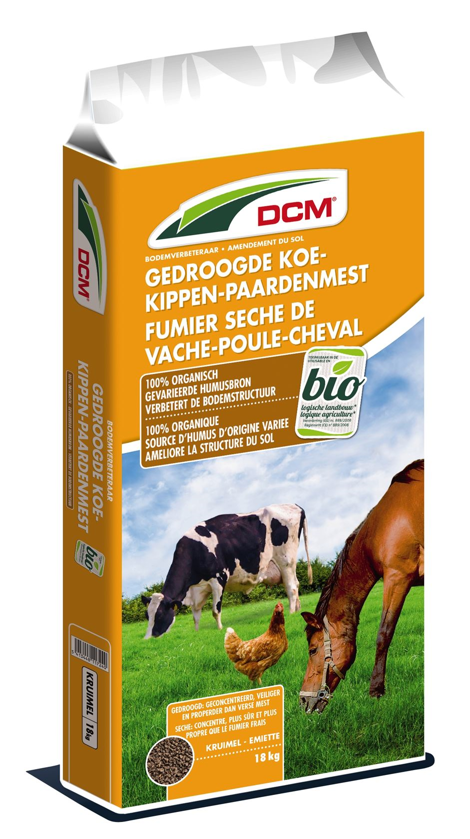 DCM gedroogde koe-, kippen & paardenmest - 18 kg - bio