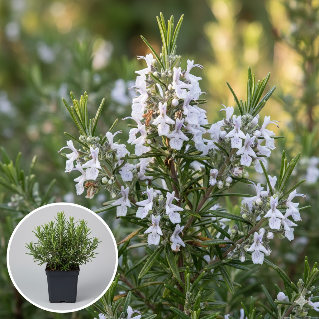 Rosmarinus officinalis 'Albiflorus' - pot 9x9 cm (Rozemarijn 'Witbloeiende Rozemarijn') -