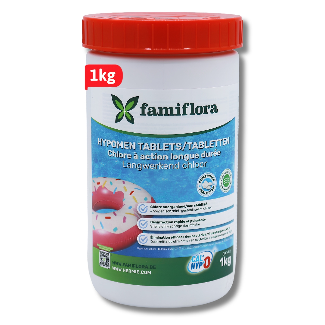 Famiflora - Hypomen langwerkend anorganisch chloor 1kg - 10g tabs (100x10g) - niet-gestabiliseerd chloor