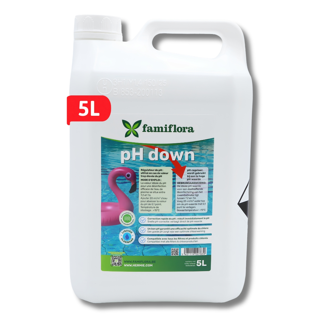 Famiflora pH down vloeibaar 5L - verlaagt de pH-waarde van je zwembad of spa!