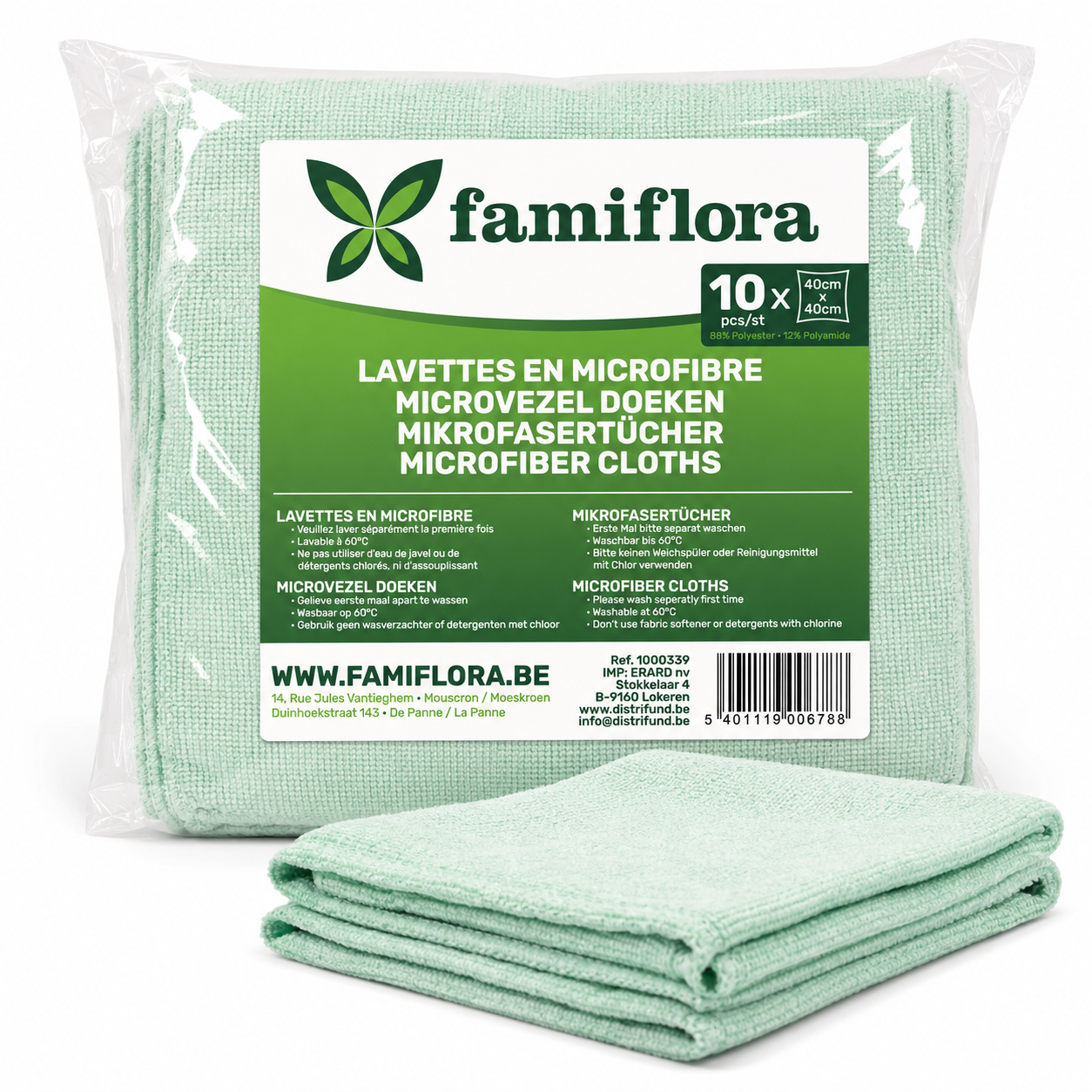 Famiflora groene microvezel warp doekjes - 40x40cm - 250g/m² - 10 all purpose microvezel doeken - Set van 10 schoonmaakdoekjes