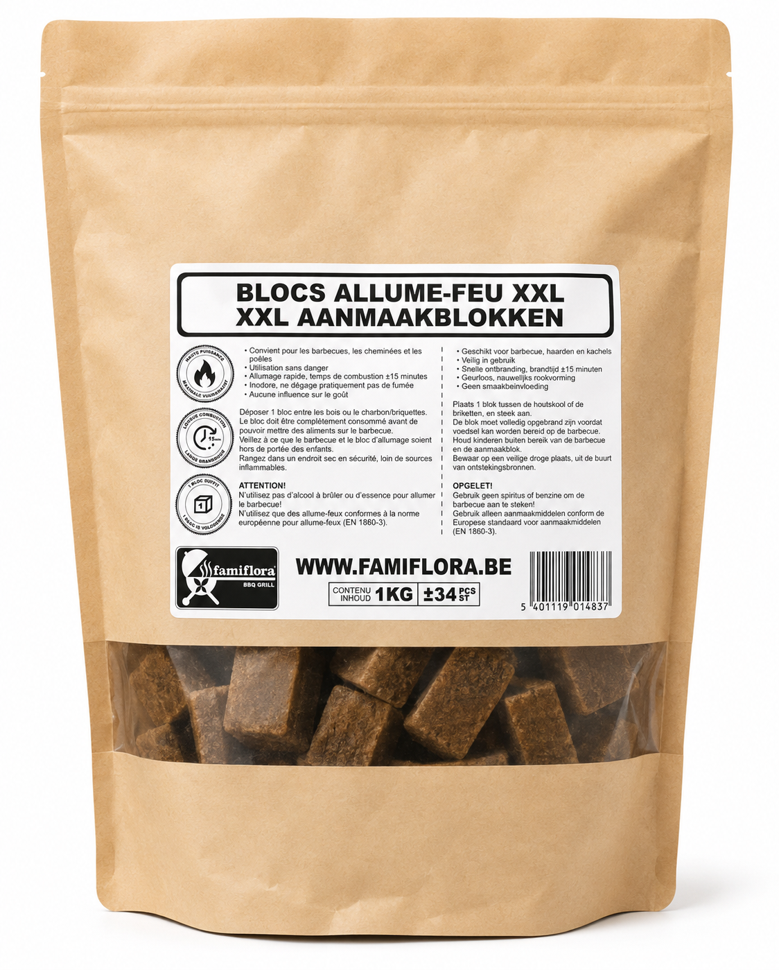 Famiflora Aanmaakblokjes Bruin XXL 1 kg (34 st) - Extra groot - Langdurige vlam