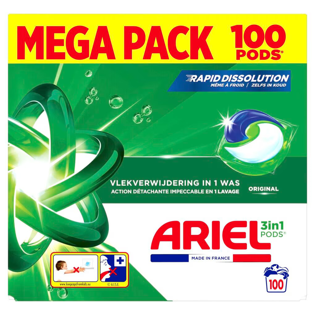 Ariel Original 3-in-1 Wasmiddelpods - 100 stuks - Vlekverwijdering - Koud en warm wassen