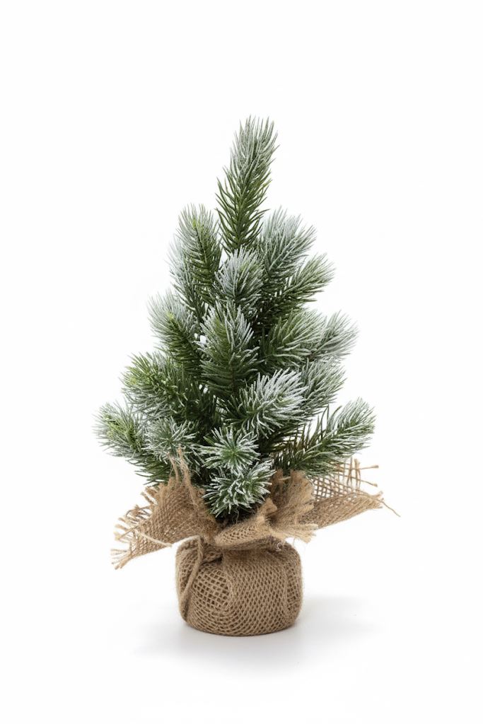 Alpha Frost tafelkerstboom - 30 cm - Groen geflockt - Diameter 15 cm - 28 tips - Besneeuwd/Frosted - Jute zak afbeelding