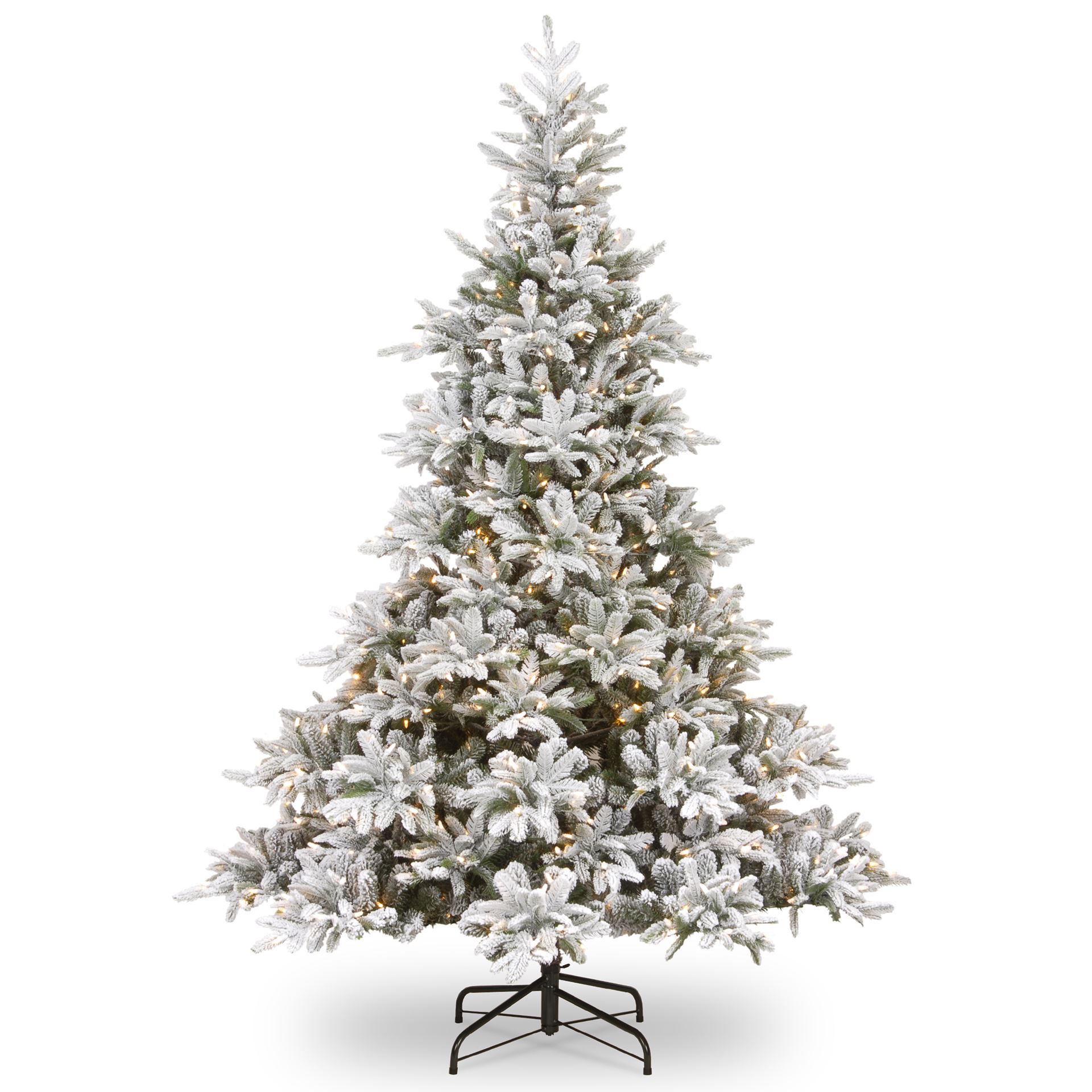 Andorra Flocked kunstkerstboom - 213 cm - groen -Ø 149 cm - 2.329 tips - 400 ledlampjes - besneeuwd - metalen voet afbeelding