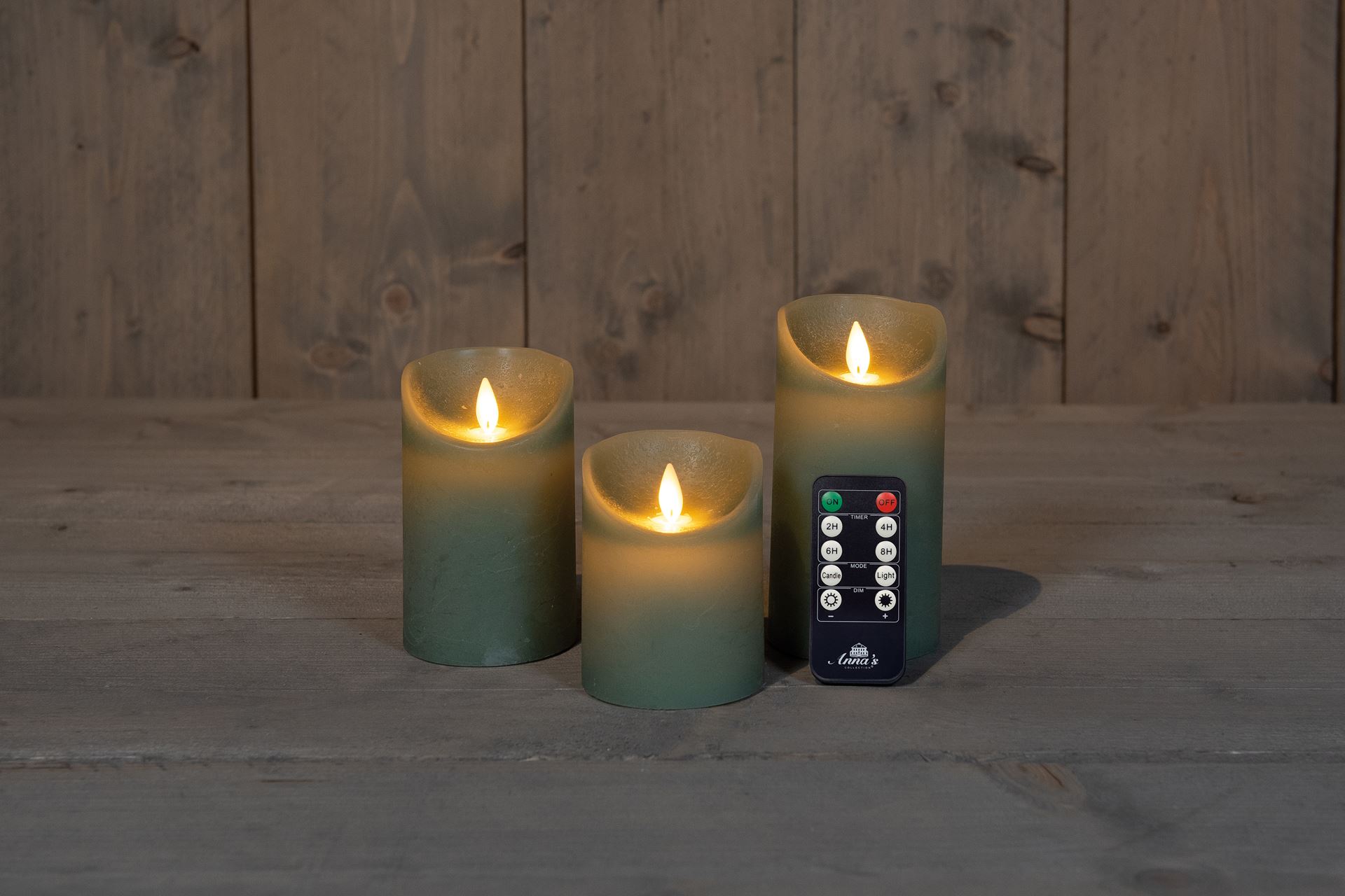 Anna's Collection - Rustieke ledkaarsen - set van 3 stuks - jade groen - diverse groottes - met afstandsbediening afbeelding