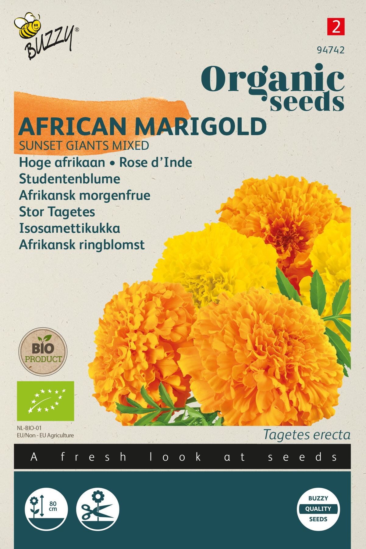 Buzzy Organic biologische Tagetes Sunset Giants (Hoge afrikaan) gemengd - Bloemenzaden - Ca. 1 gram afbeelding