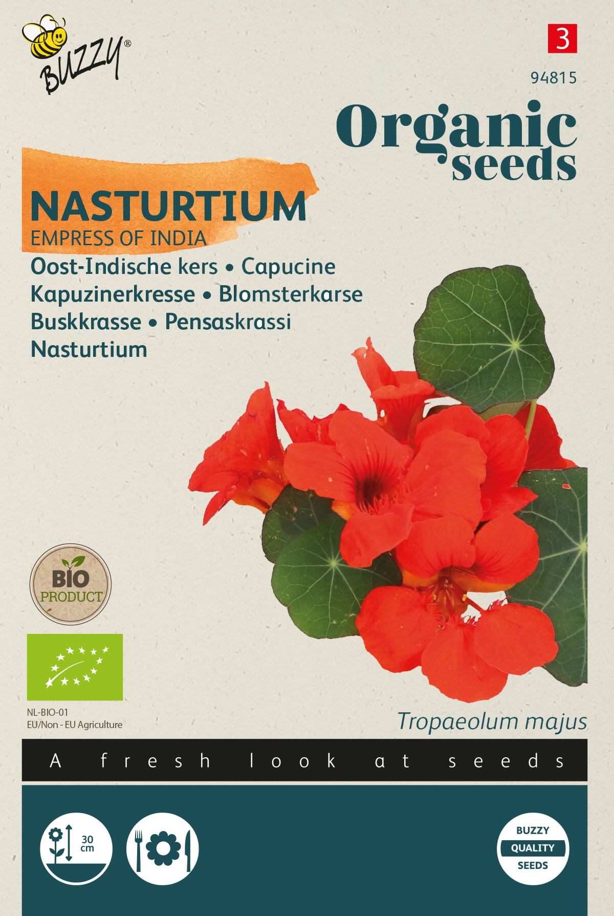 Buzzy Tropaeolum Empress of India - Sterke Plant met Eetbare Bloemen - Bloeiperiode juli-oktober afbeelding