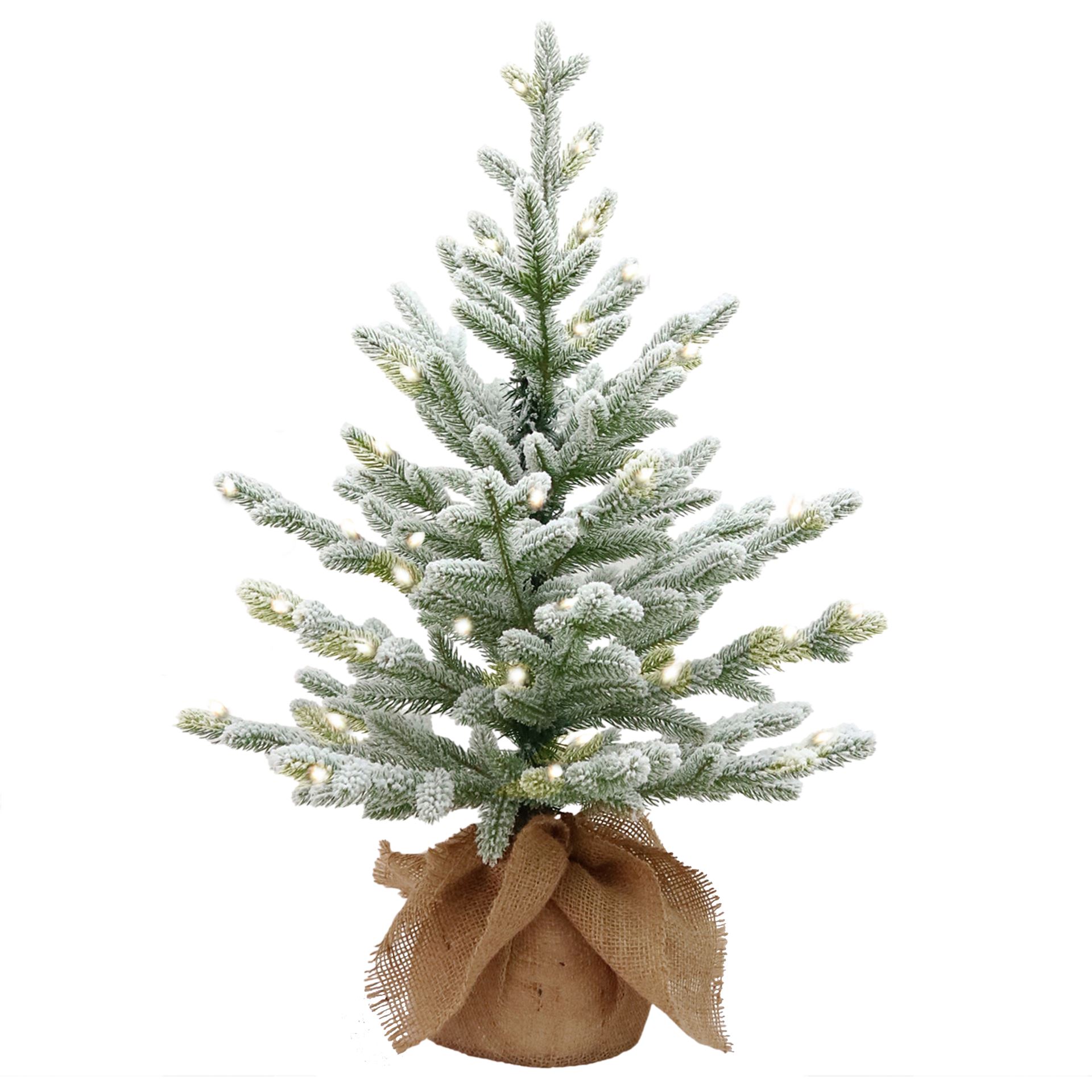 Cambridge flocked verlichte tafelkerstboom - 75 cm - 0 -Ø51 cm - 189 tips - 35 ledlampjes (warm wit) - Besneeuwd/Frosted - Jute zak afbeelding
