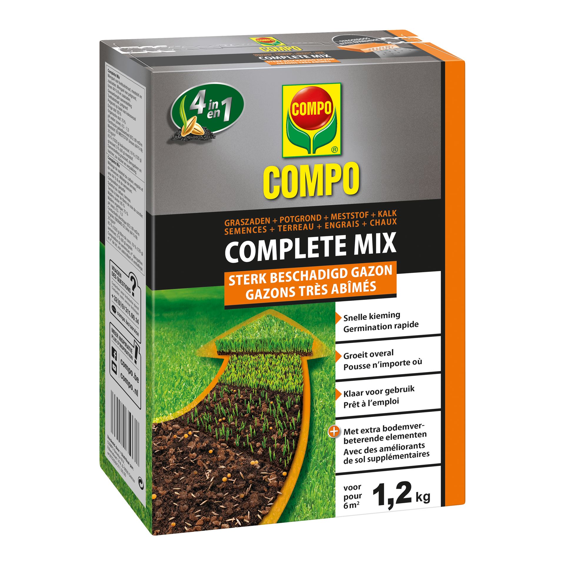 Compo graszaad 1,2 kg voor 6 m² - Complete Mix - herstel van sterk beschadigde gazons - 4 in 1 : graszaden, potgrond, meststof + kalk - snelle kieming