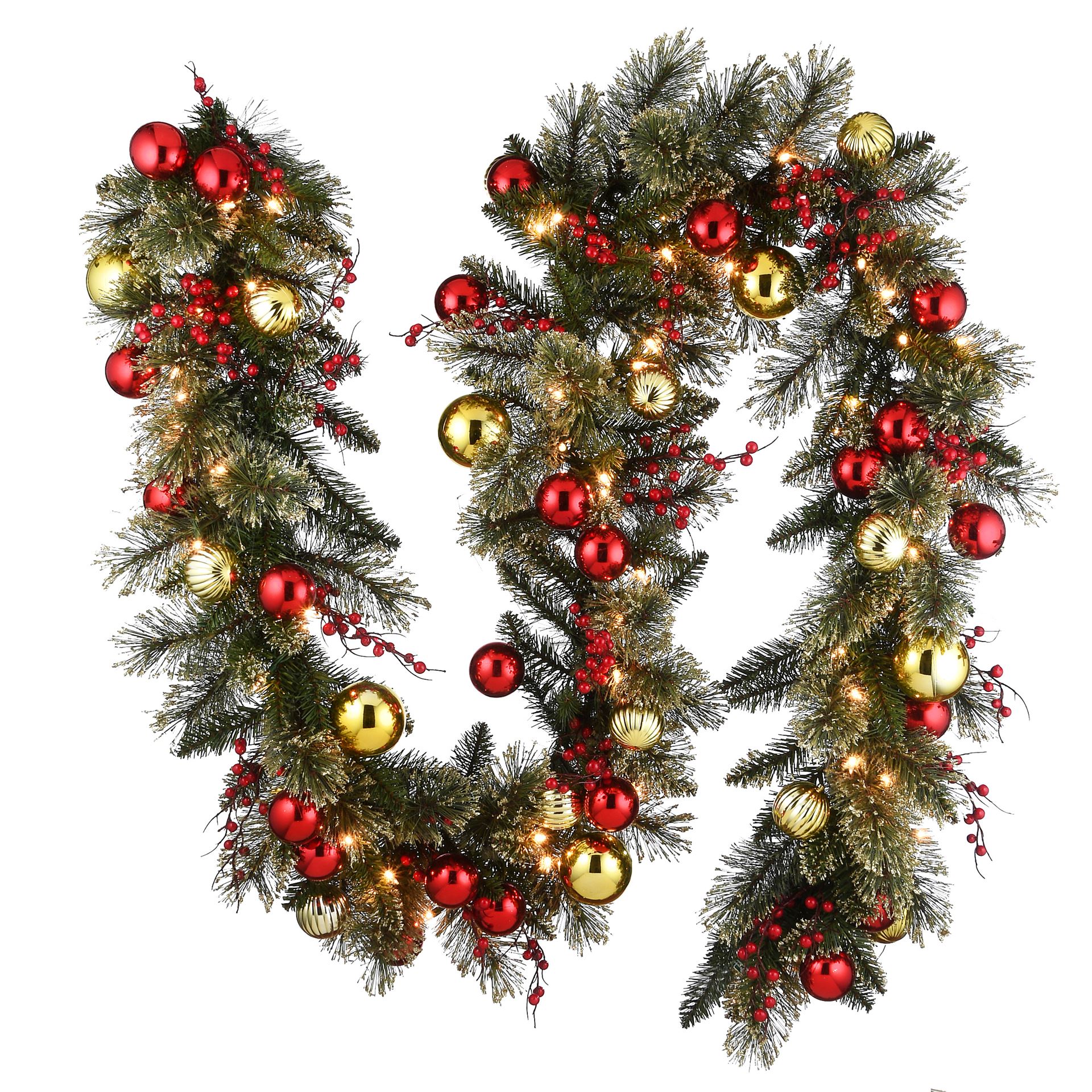 Verlichte guirlande"Dakota"- groen met gouden glitter - L274 xØ30 cm - 70 warm witte ledlampjes - met rode besjes&kerstballen afbeelding