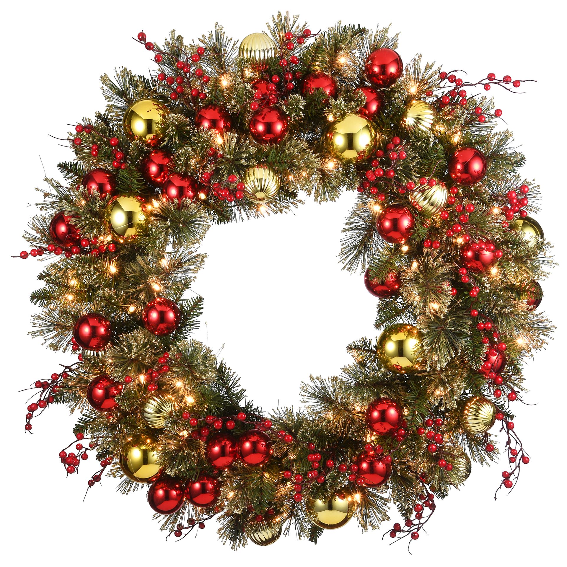 Verlichte kerstkrans"Dakota"- groen met gouden glitter -Ø61 cm - 50 warm witte ledlampjes - met rode besjes&kerstballen afbeelding
