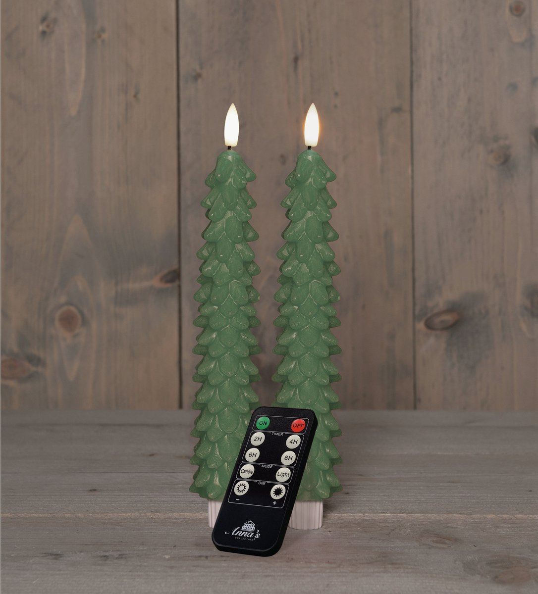 Anna's Collection - Led dinerkaars in kerstboomvorm - groen - H 23cm - set van 2 stuks - met afstandsbediening afbeelding