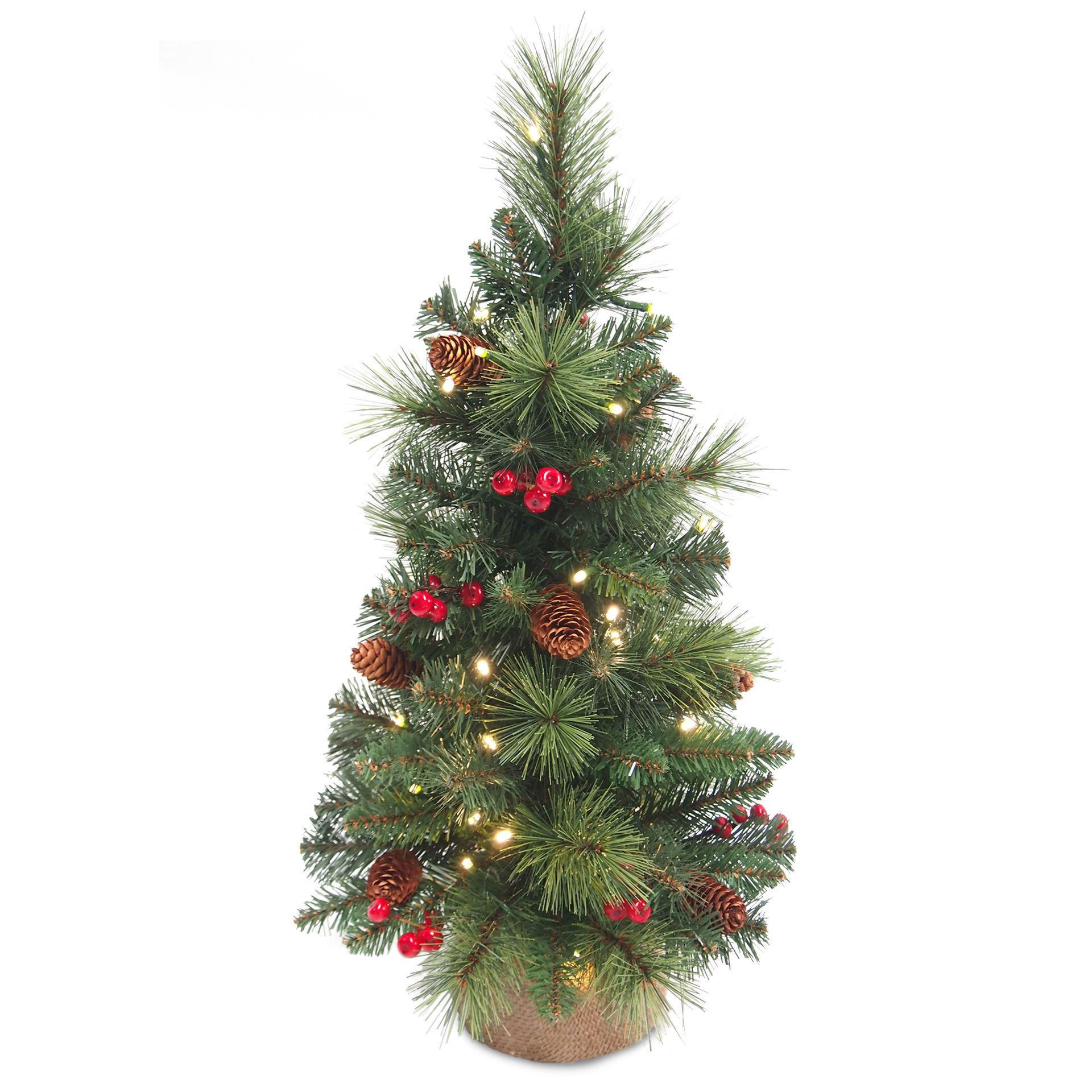Everyday Miniature Pine cone & Berry tree verlichte tafelkerstboom - 46 cm - Groen - Diameter 25 cm - 73 tips - 15 ledlampjes (warm wit) - Gedecoreerd - Jute zak