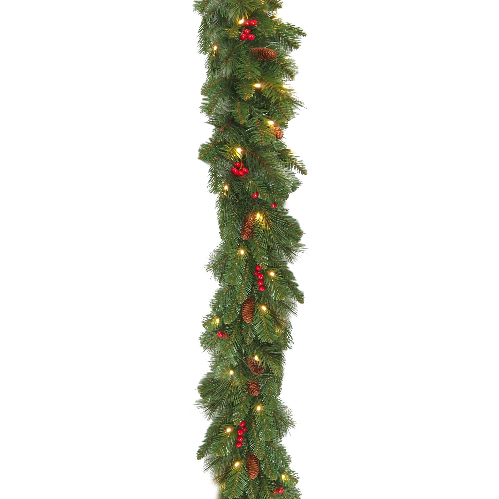 Verlichte guirlande "Everyday Pine Cone & Berry" - groen - L274 x diameter 30 cm - 50 warm witte ledlampjes - met rode bessen & dennenappels