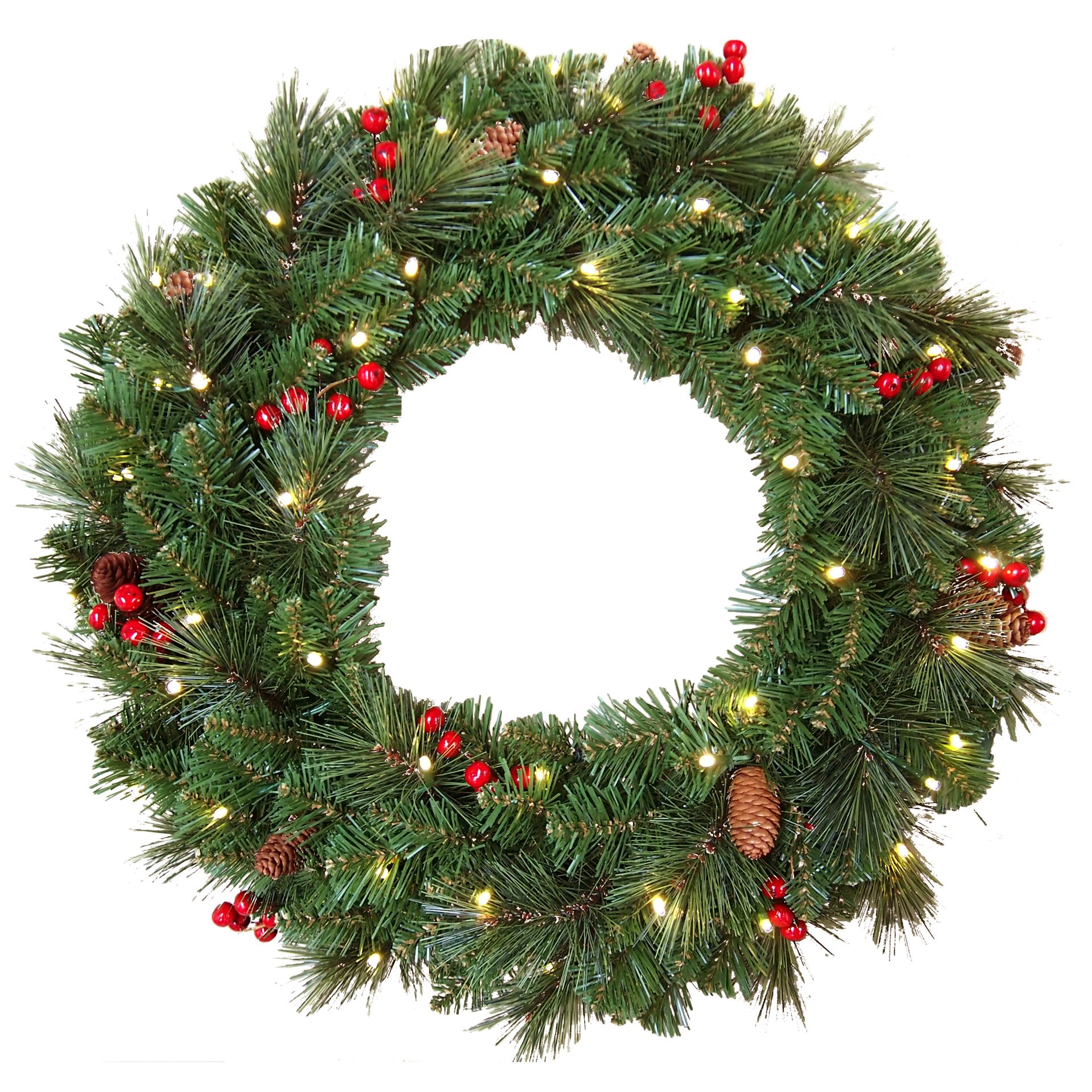 Famiflora verlichte kerstkrans"Everyday"- groen -Ø 61 cm - 50 warm witte ledlampjes - met rode bessen&dennenappels afbeelding