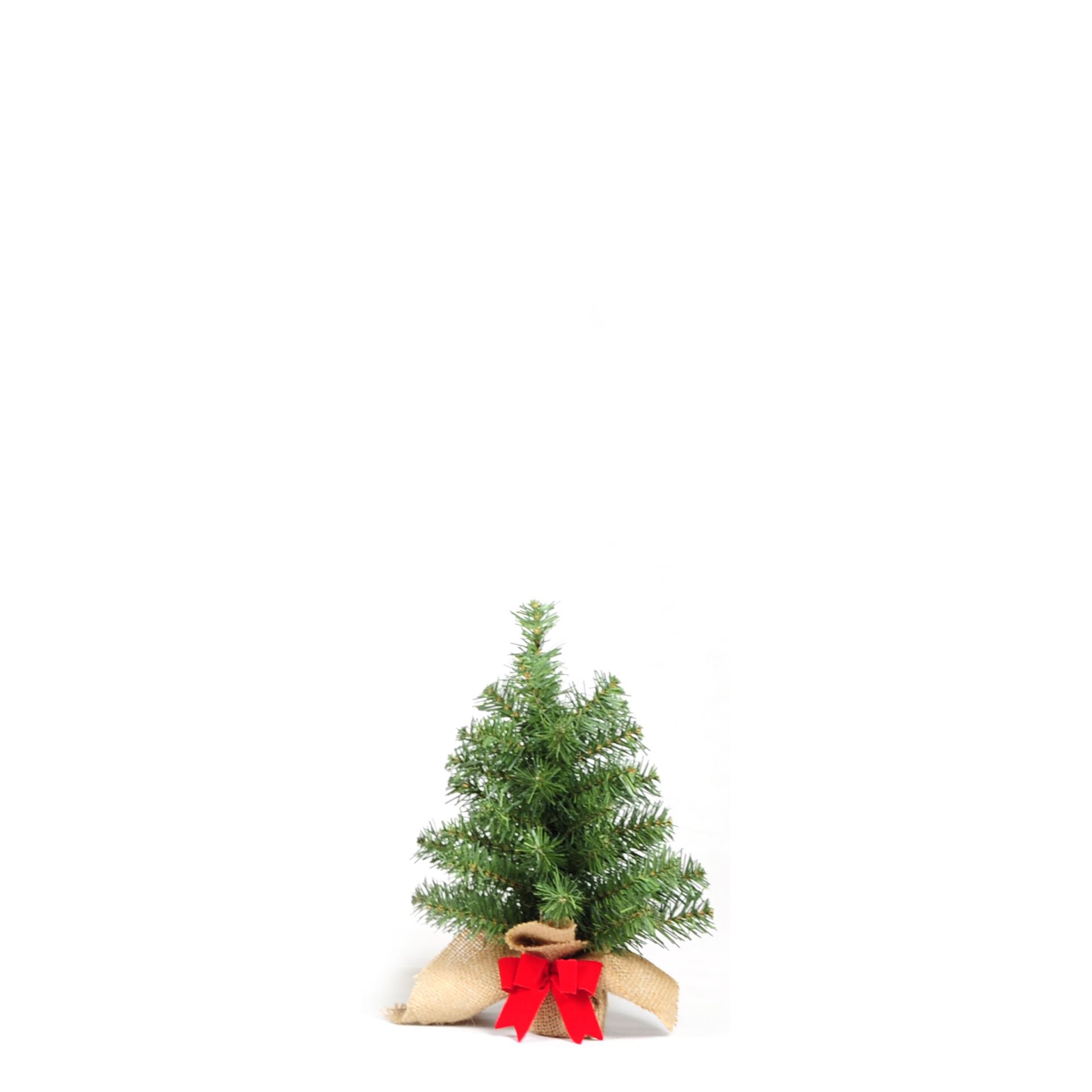 Famiflora Forest Table Tree kunst (tafel)kerstboom - 30 cm - groen -Ø 25 cm - 38 tips - met rode strik - jute zak afbeelding