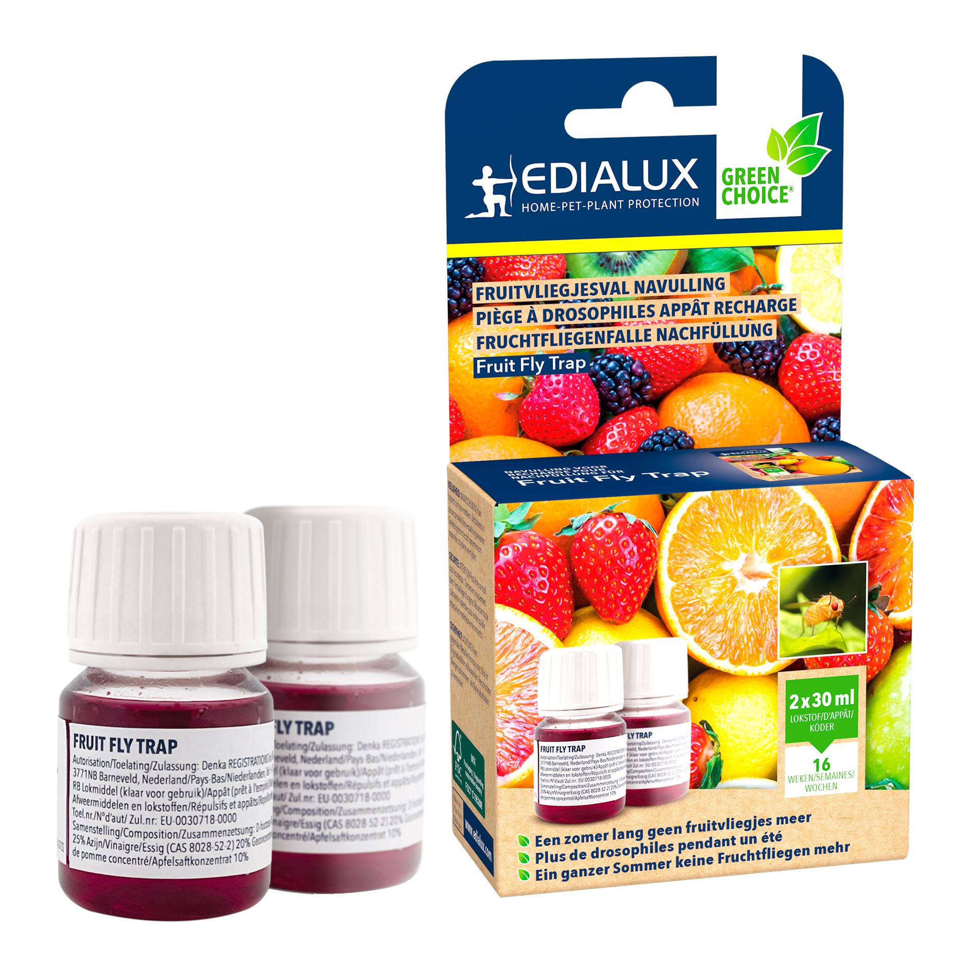 Edialux Fruit Fly Trap Navulling - 2 x 30 ml Lokstof - Voor Fruitvliegjesval - Tot 16 weken bescherming afbeelding