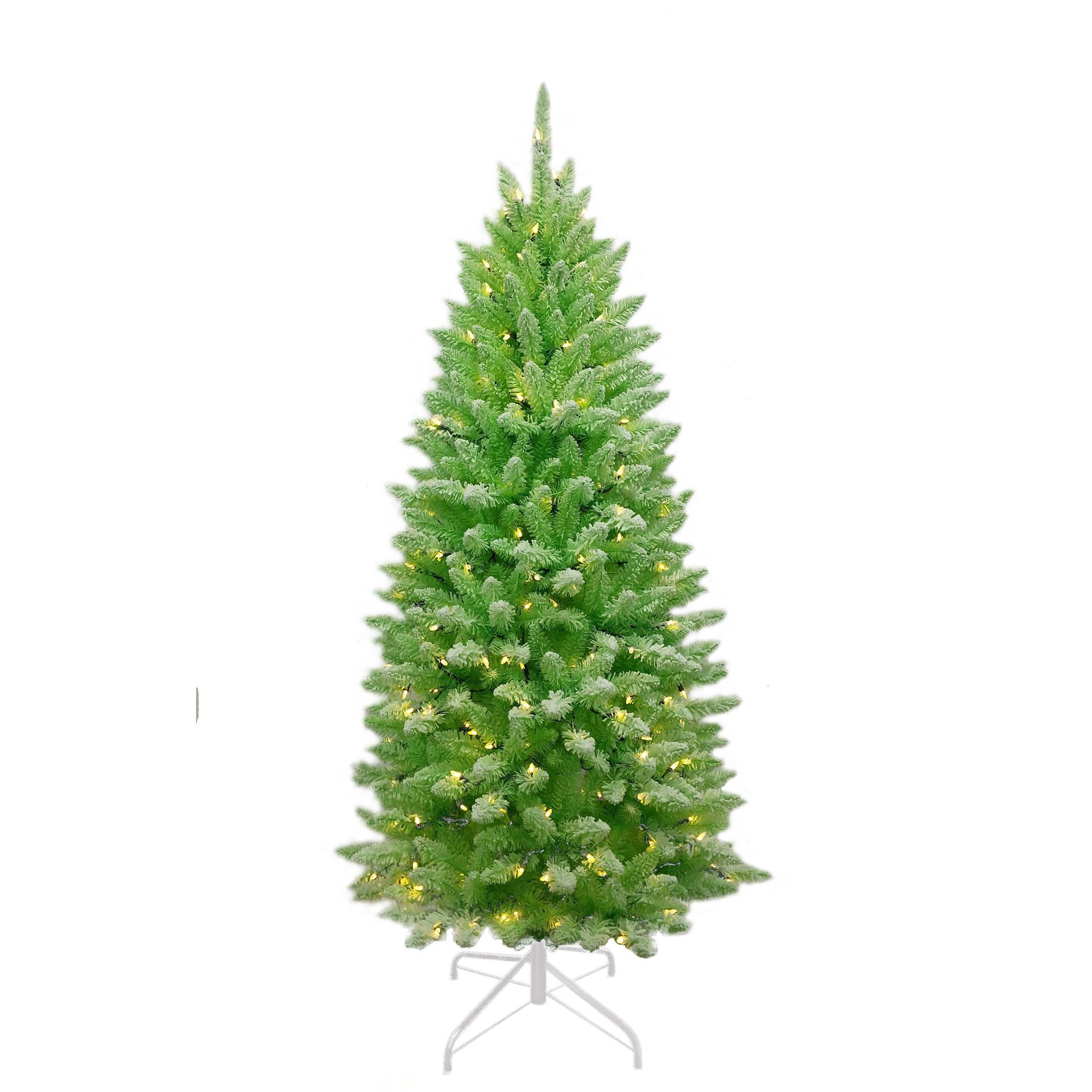 Funky Green Flocked verlichte kunstkerstboom - 183 cm - Lichtgroen geflockt -Ø91 cm - 709 tips - 300 ledlampjes (warm wit) - Besneeuwd/Frosted - Metalen voet afbeelding