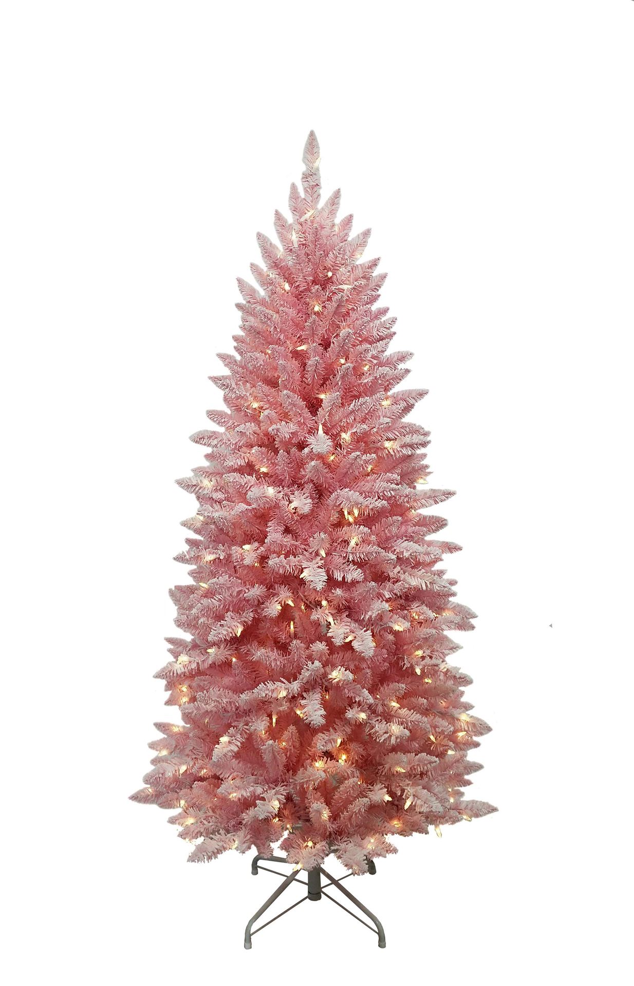 Funky Pink kunstkerstboom - 183 cm - roze - 300 ledlampjes - besneeuwd - metalen voet afbeelding