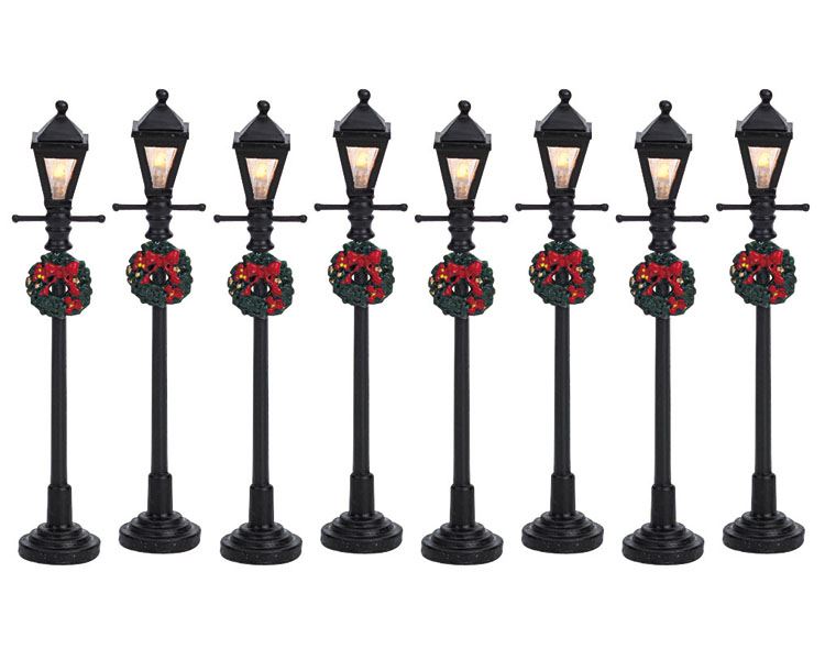 Lemax - 'Gas Lantern Street Lamp' - Set van 8 stuks - Verlicht accessoire - Exclusief adapter (werkt ook op batterijen)