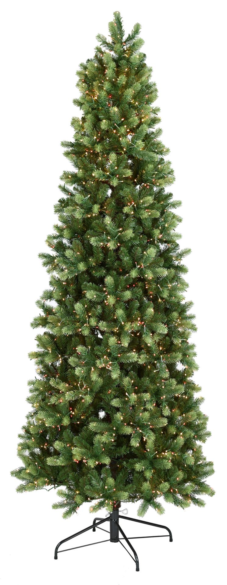 Georgia kunstkerstboom smal - 228 cm - groen -Ø 107 cm - 1.440 tips - 2.000 rode&witte ledlampjes - metalen voet afbeelding