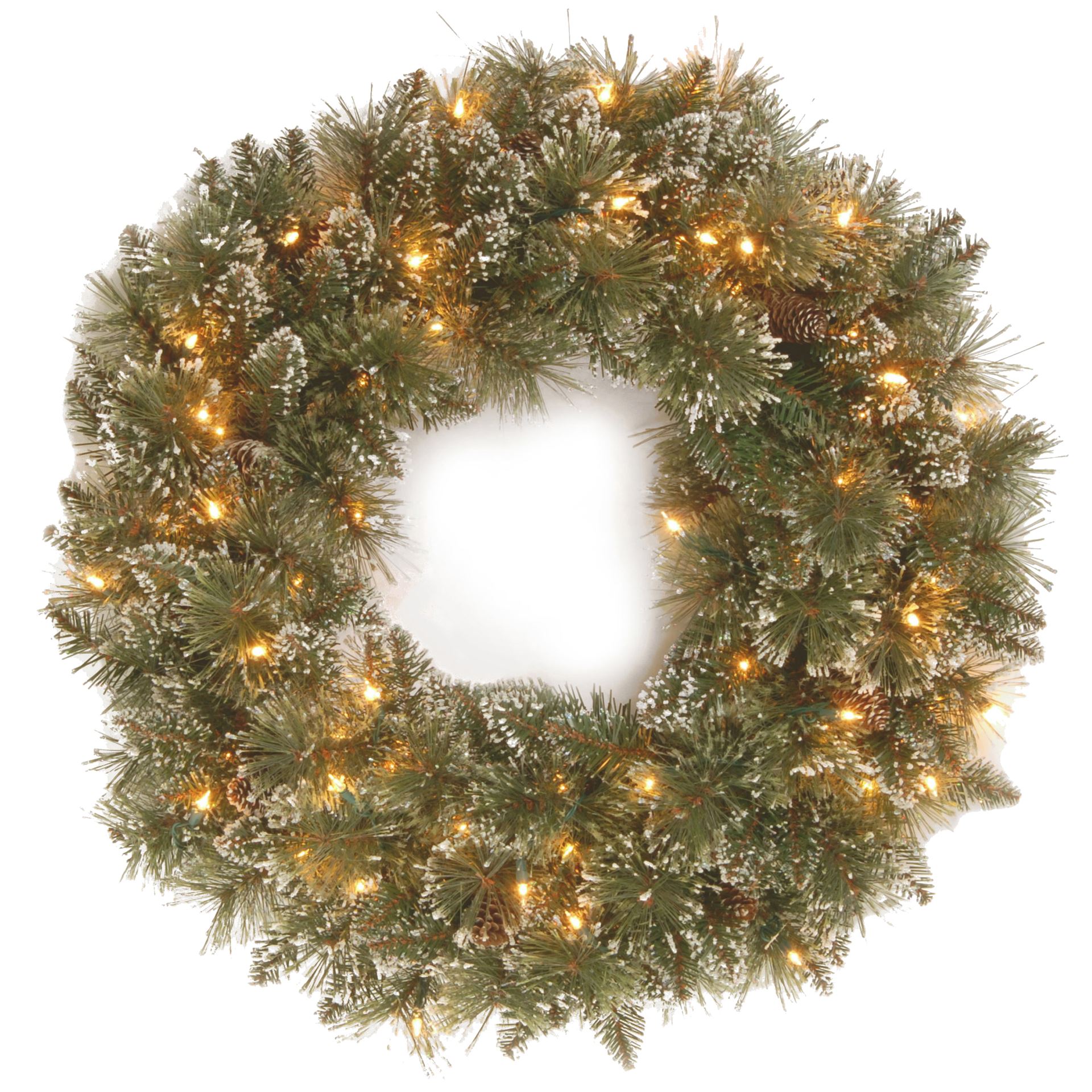 Verlichte kerstkrans "Glittery Bristle" - groen - Diameter 76 cm - 50 warm witte ledlampjes - met sneeuw, dennenappels & glitter