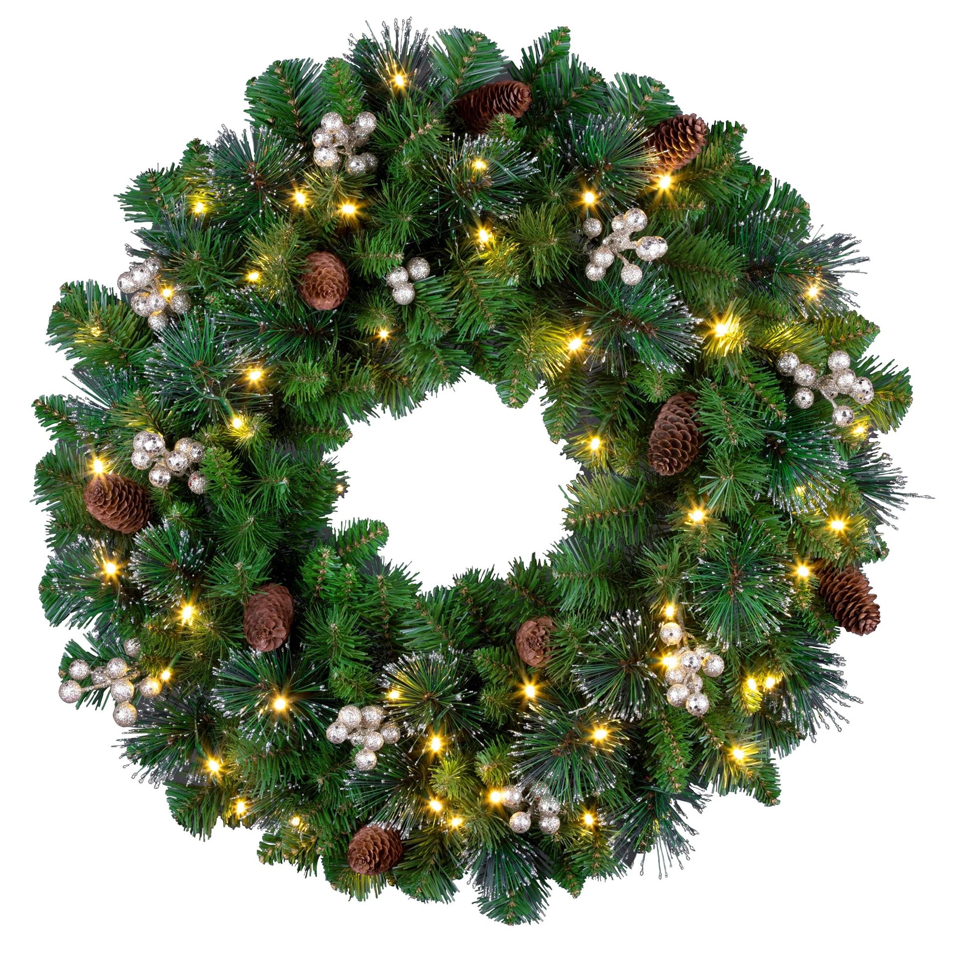 Verlichte kerstkrans "Glittery Gold Crestwood" - groen - Diameter 61 cm - 50 warm witte ledlampjes - met deco & glitter