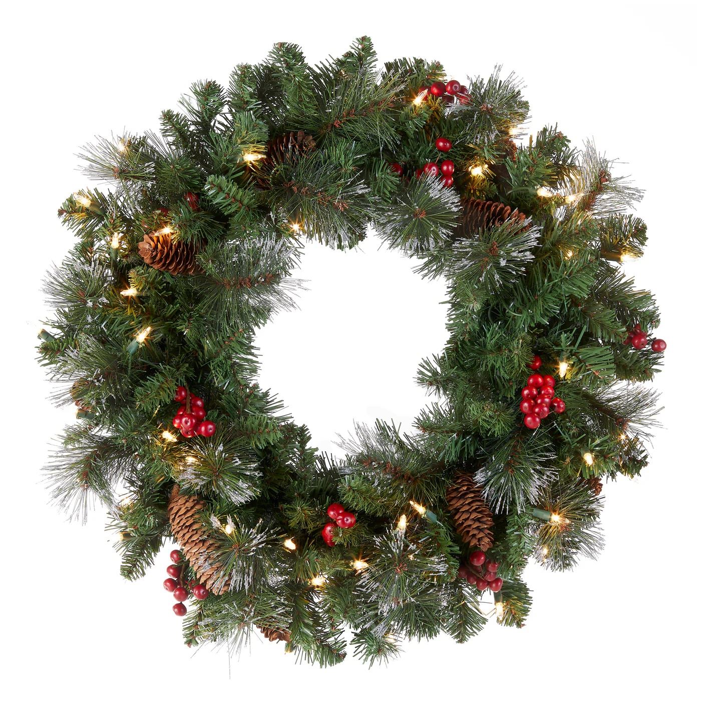 Verlichte kerstkrans"Glittery Silver Crestwood"- groen -Ø 61 cm - 50 warm witte ledlampjes - met deco&glitter afbeelding
